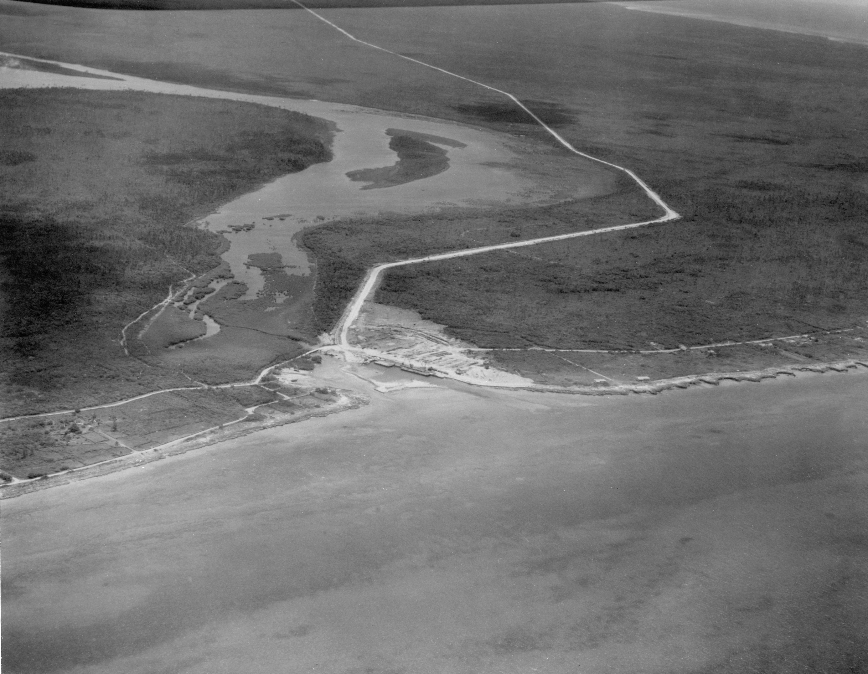 Aerial view of Hawksbill Creek, 1957