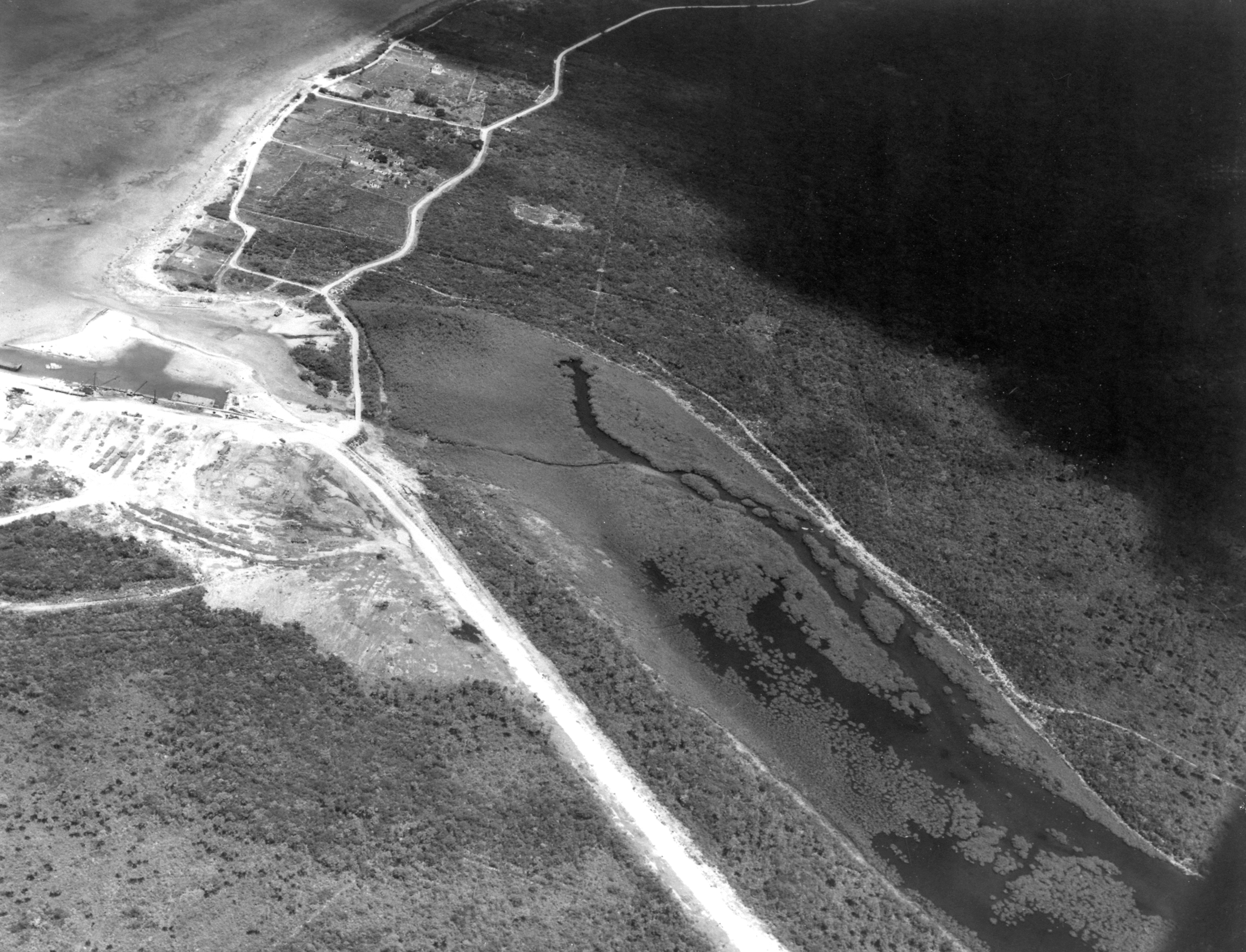 Aerial view of Eight Mile Rock settlement, 1950's