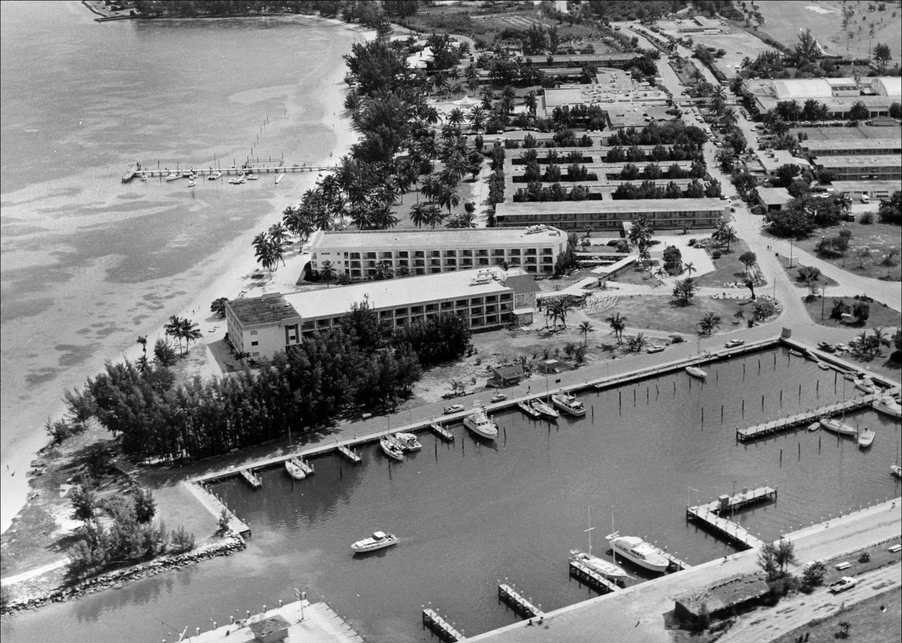 Aerial view of marina at Jack Tar Grand Bahama Hotel, West End, 1960's