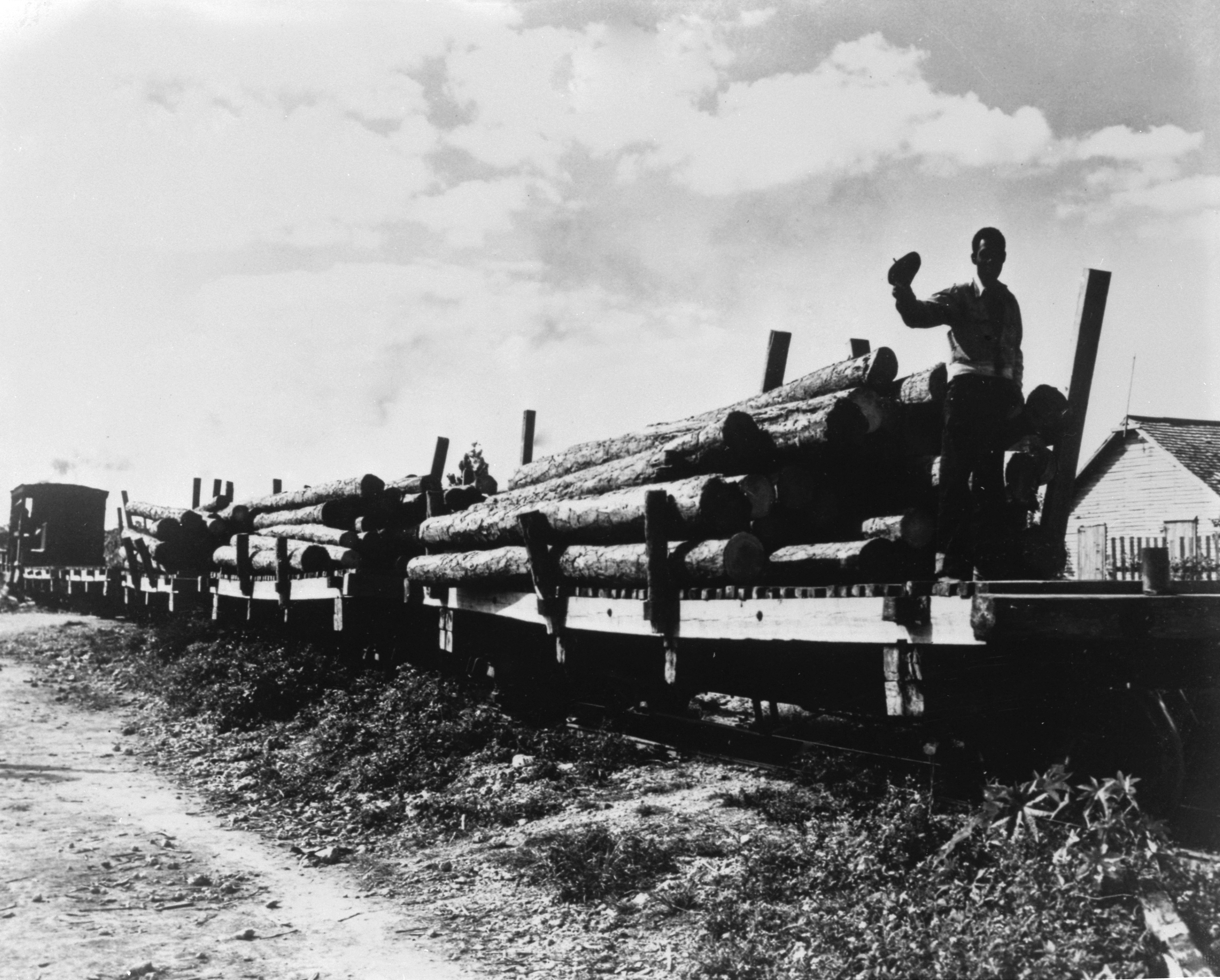 A train of flatcars carrying logs to the mill in Pine Ridge, 1951