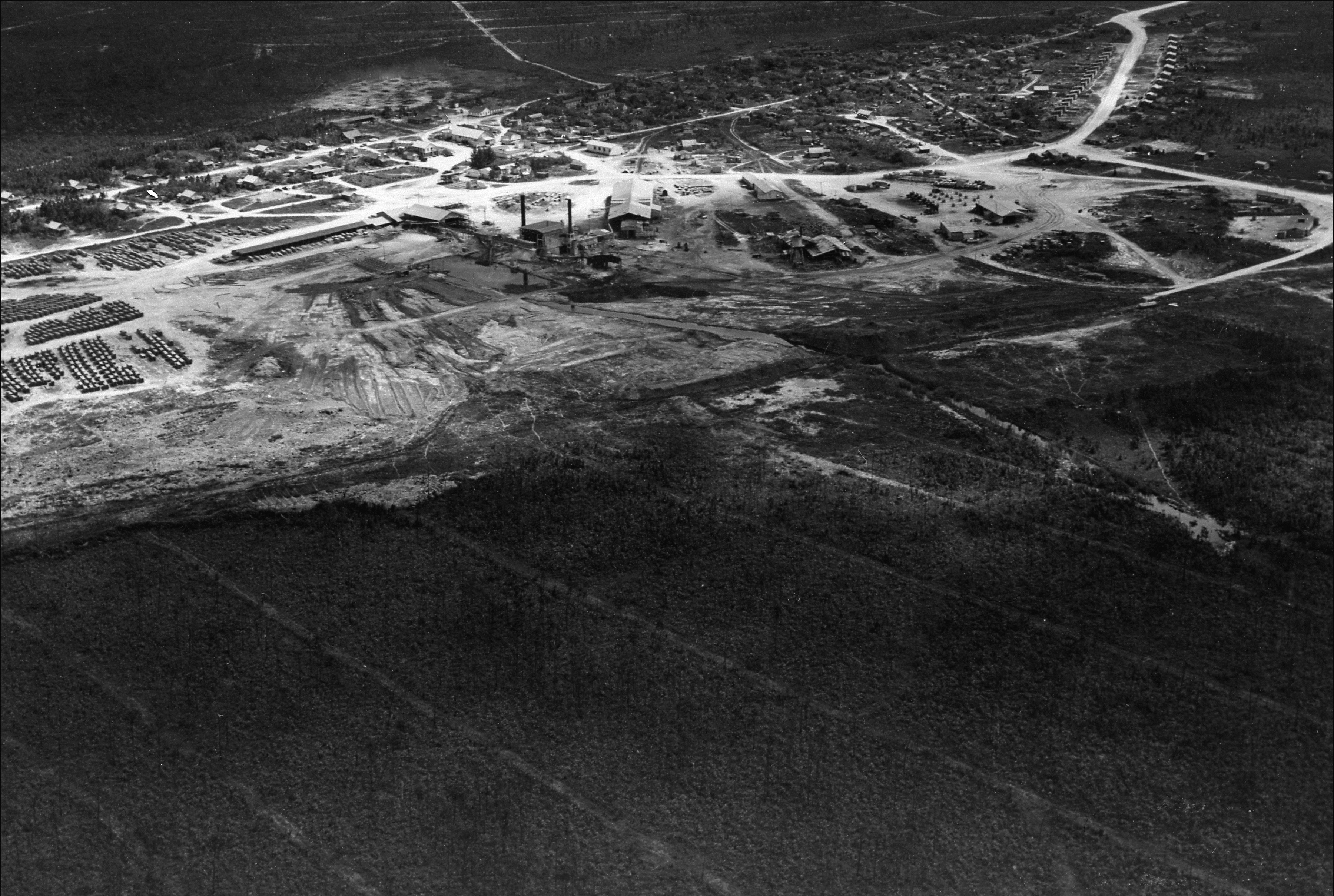 Aerial view of Pine Ridge Lumber Camp, August 1956