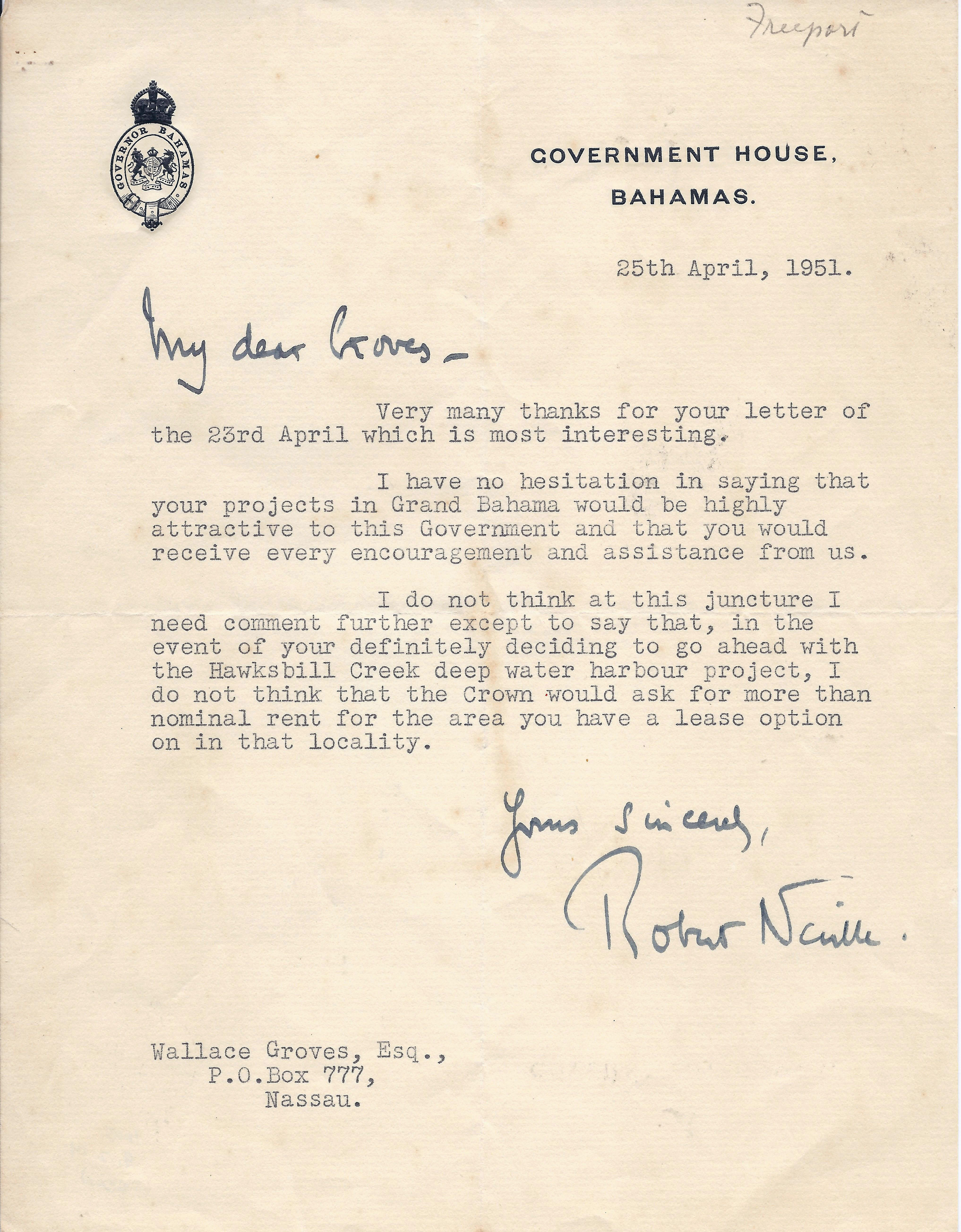 Letter from Sir Robert Neville to Wallace Groves about Freeport project, 1951