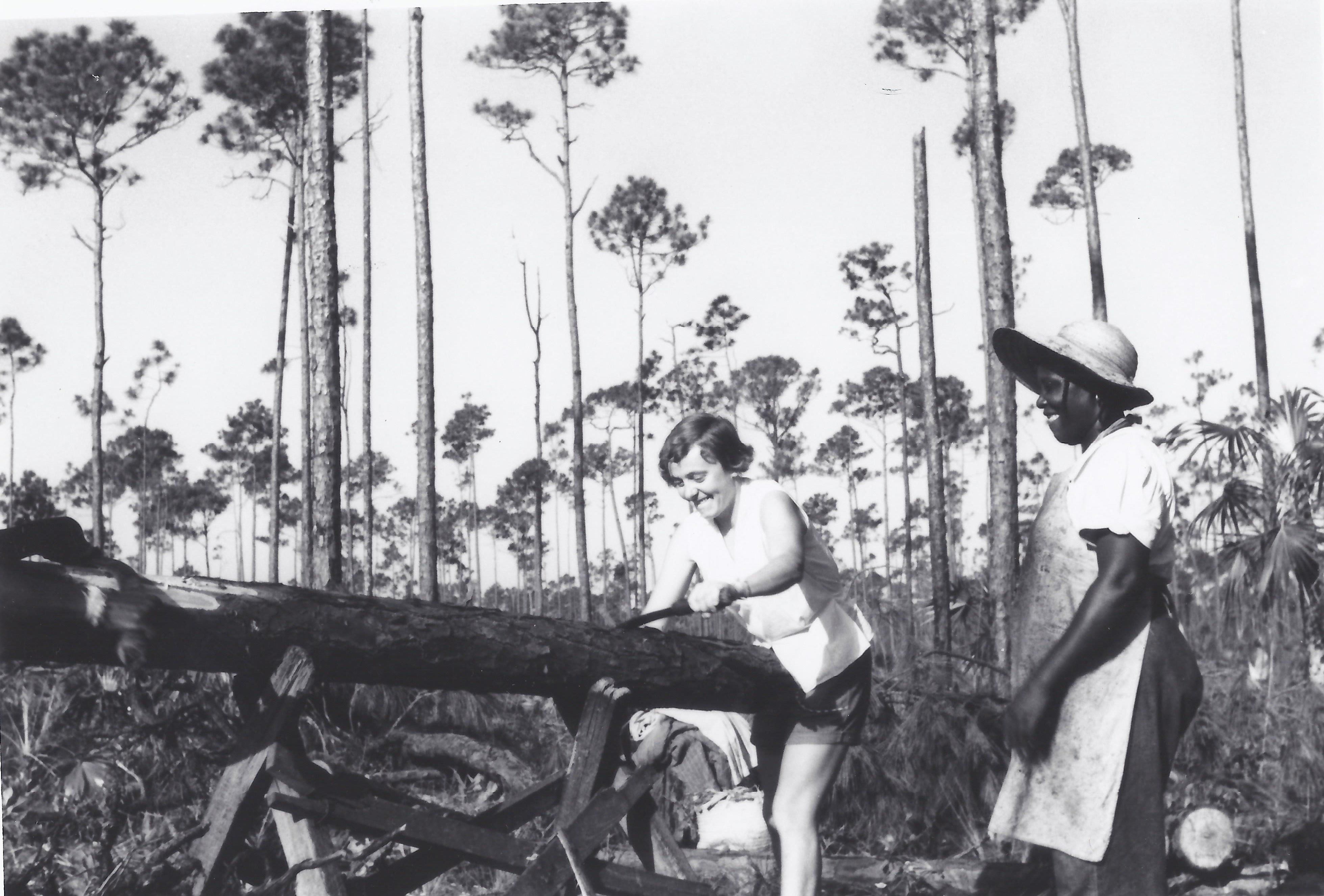 Removing bark from pine trees at Pine Ridge, 1950's