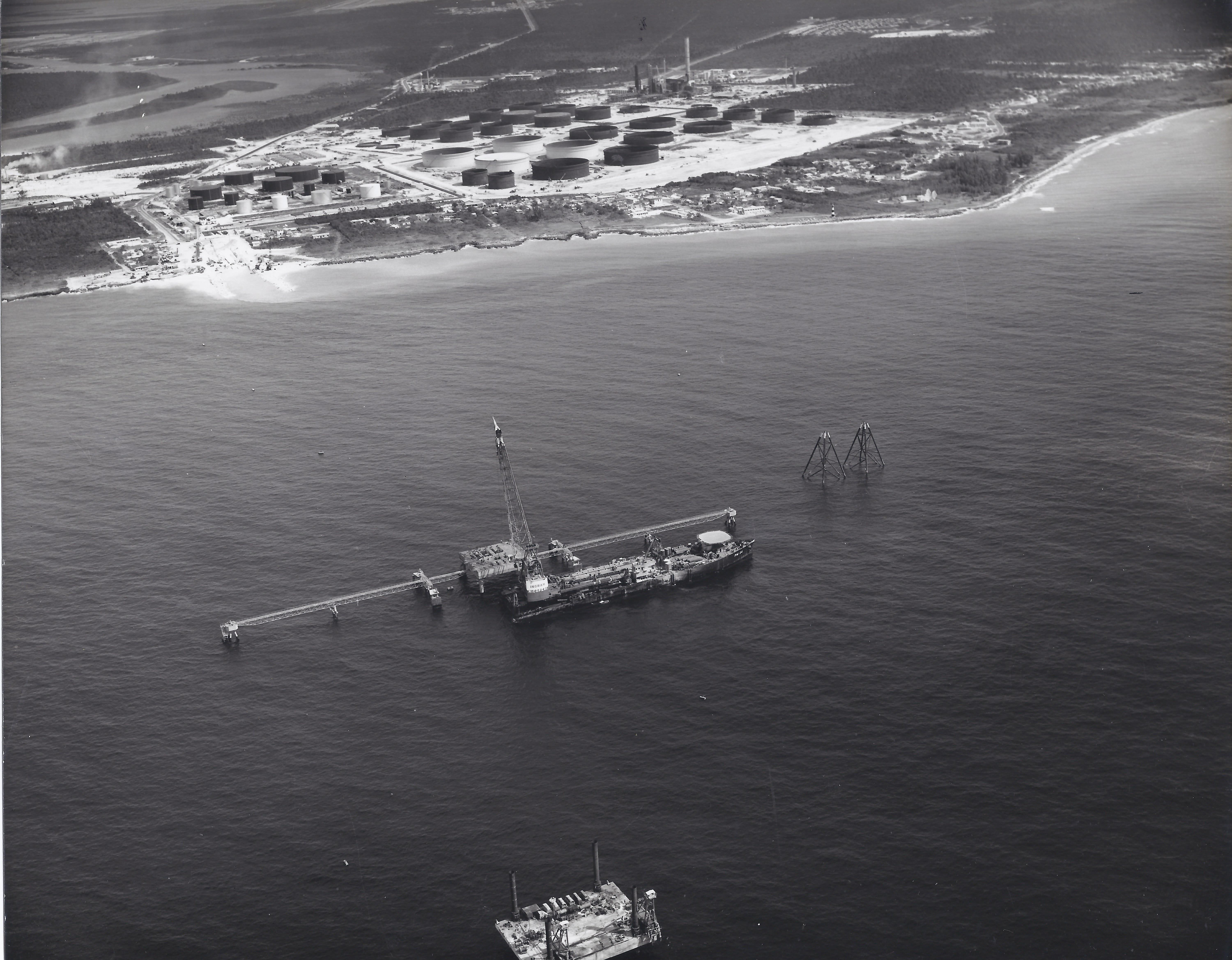 Aerial view of construction of Bahamas Oil Refining Company, 1970's