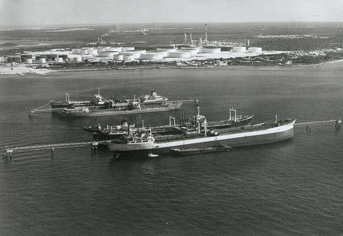 Tanker ships off shore of BORCO oil refinery, 1970's