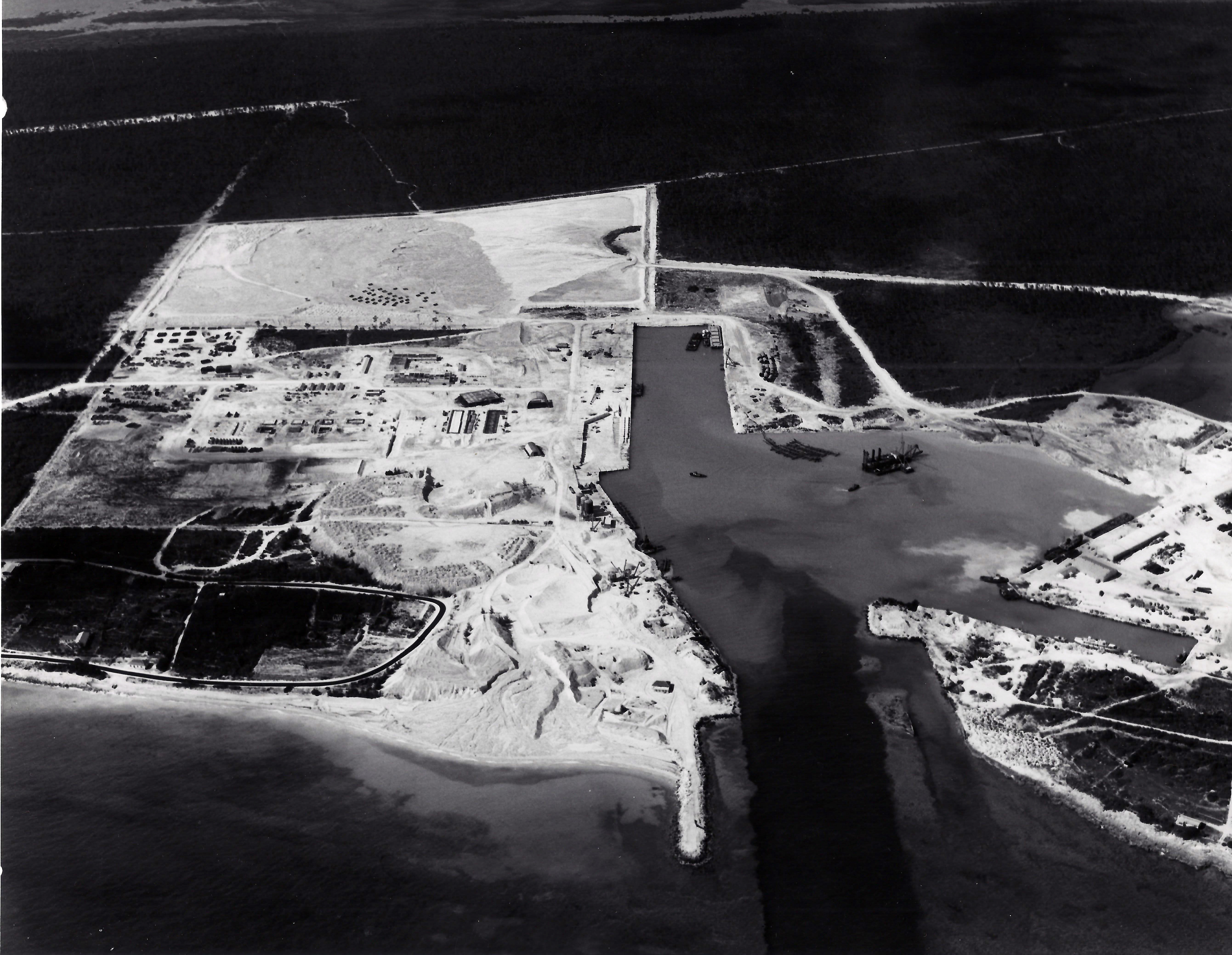 Aerial view of construction of US Steel's cement plant, 1960's