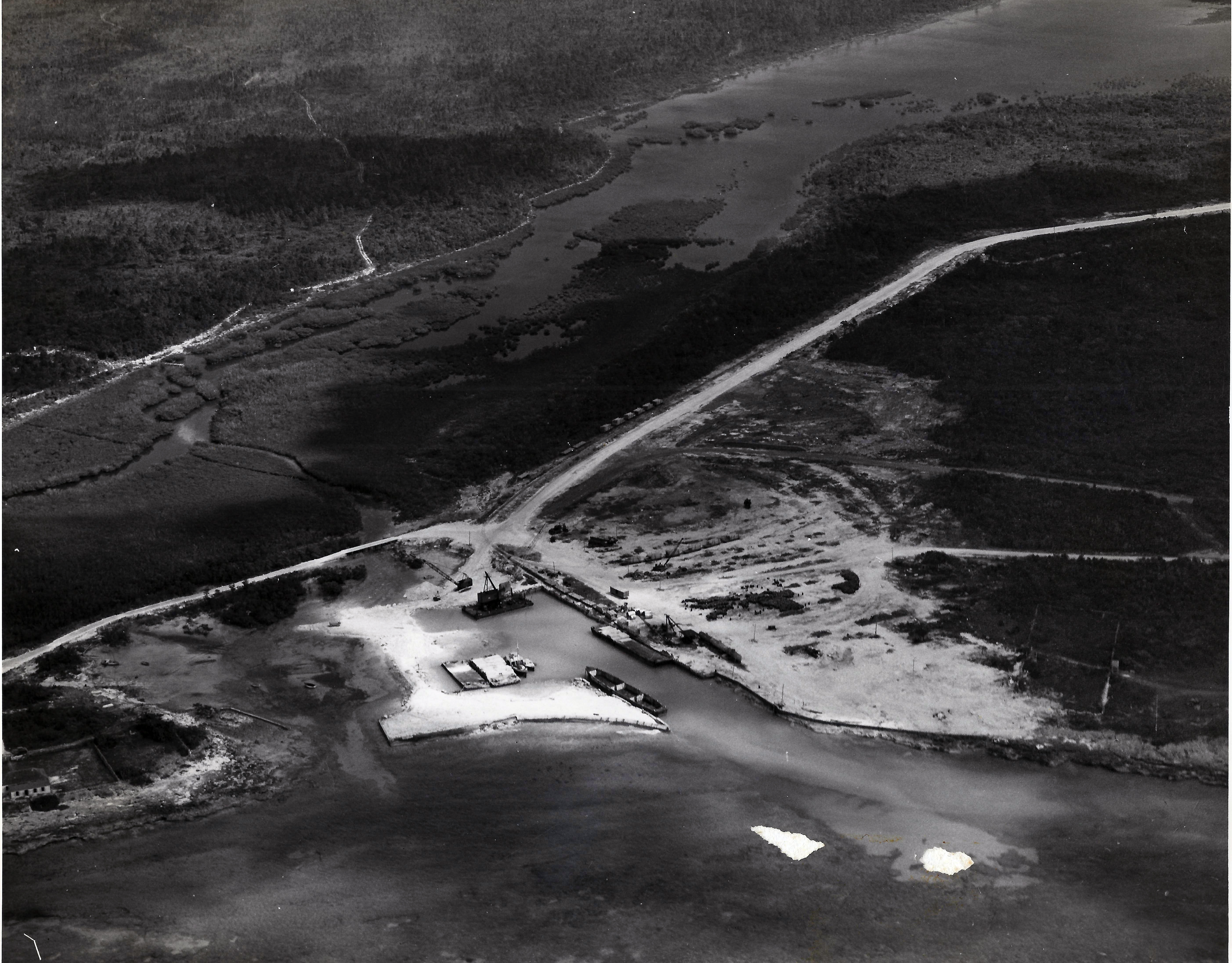 Aerial view of Freeport Harbour, 1950's