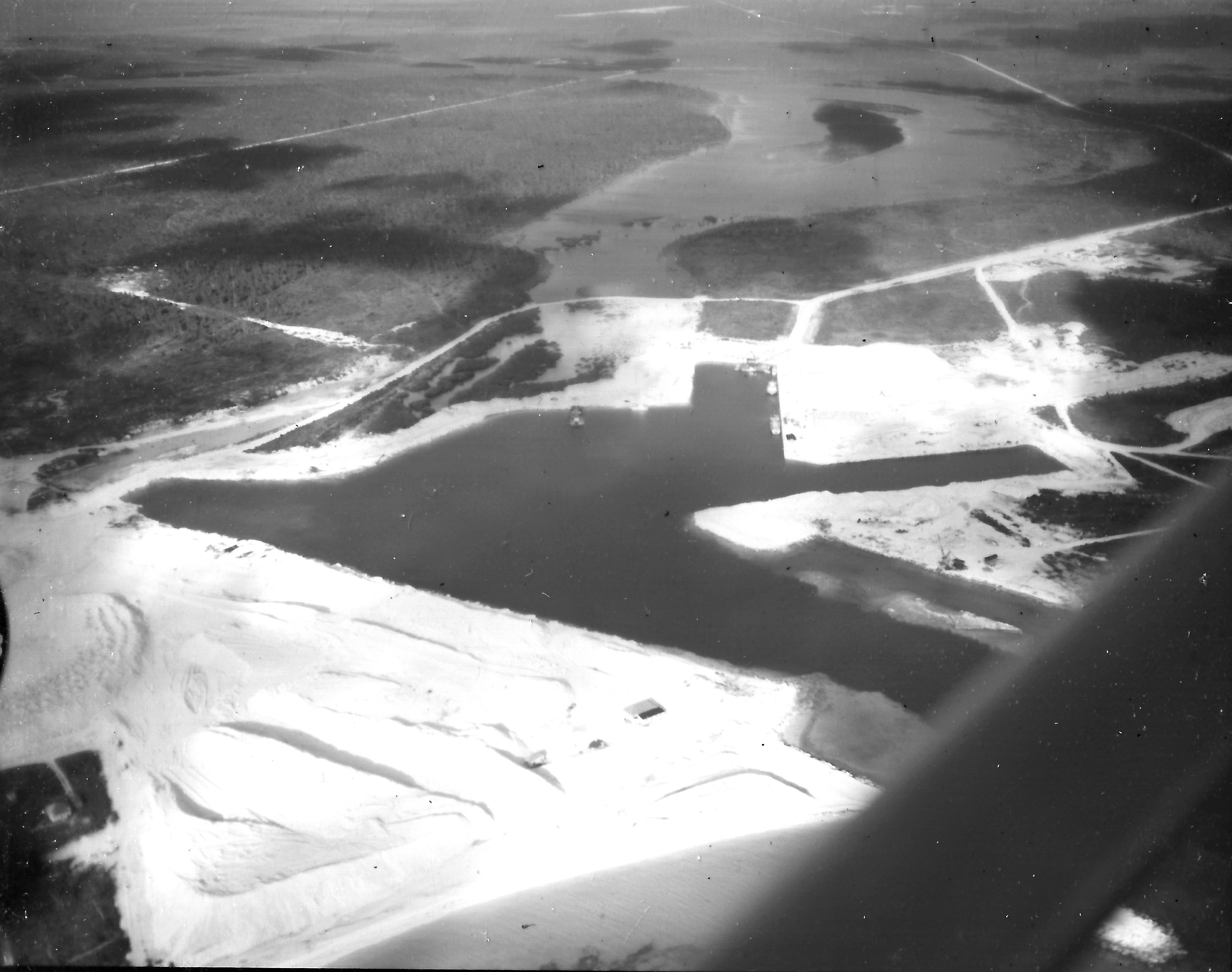 Aerial view of Freeport Harbour, 1950's