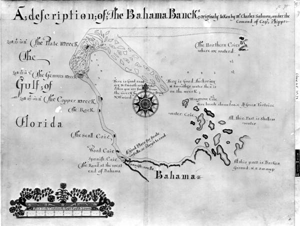Old English map of the Bahama Banks showing important shipwrecks.