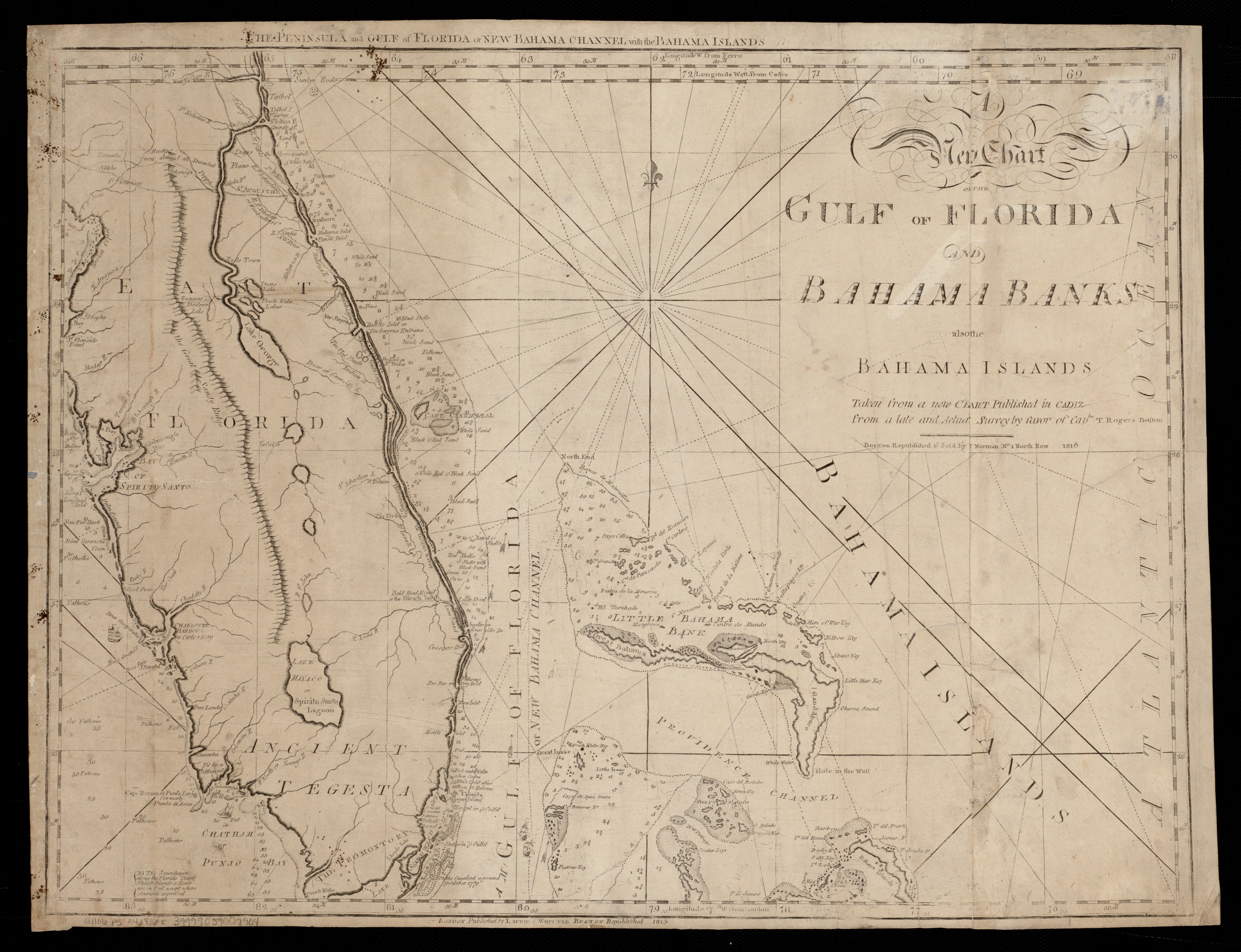 Map of Golf of Florida and Bahama Banks published in 1816 by favor of Captn. T. Rogers