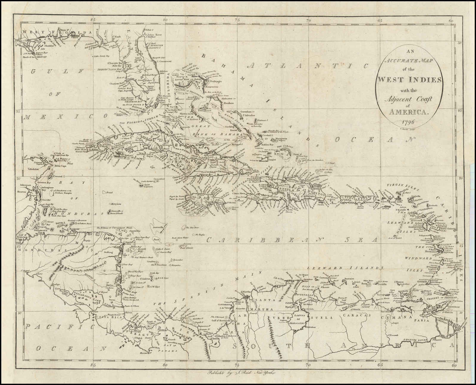 An Accurate Map of the West Indies with Adjacent Coast of America 1796 by Cartographer John Reid