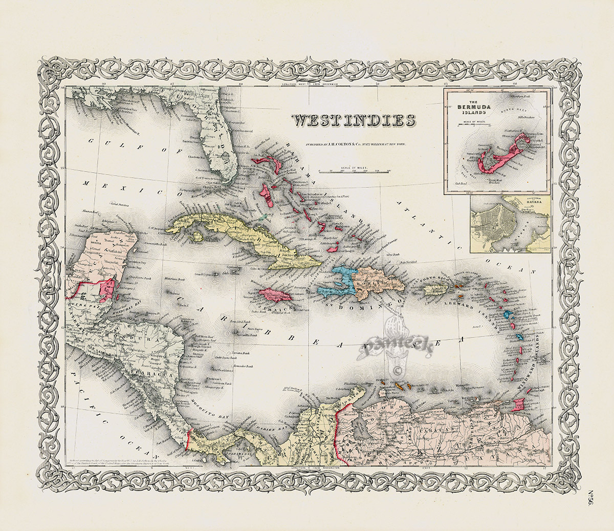 Map of the West Indies and Bermuda Islands by Cartographer Joseph Hutchins Colton c 1865