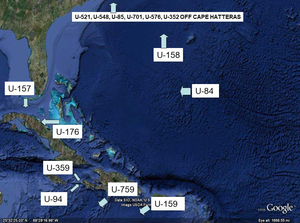 U-Boats Sunk in Bahamas Region June 1942 - Aug. 1943