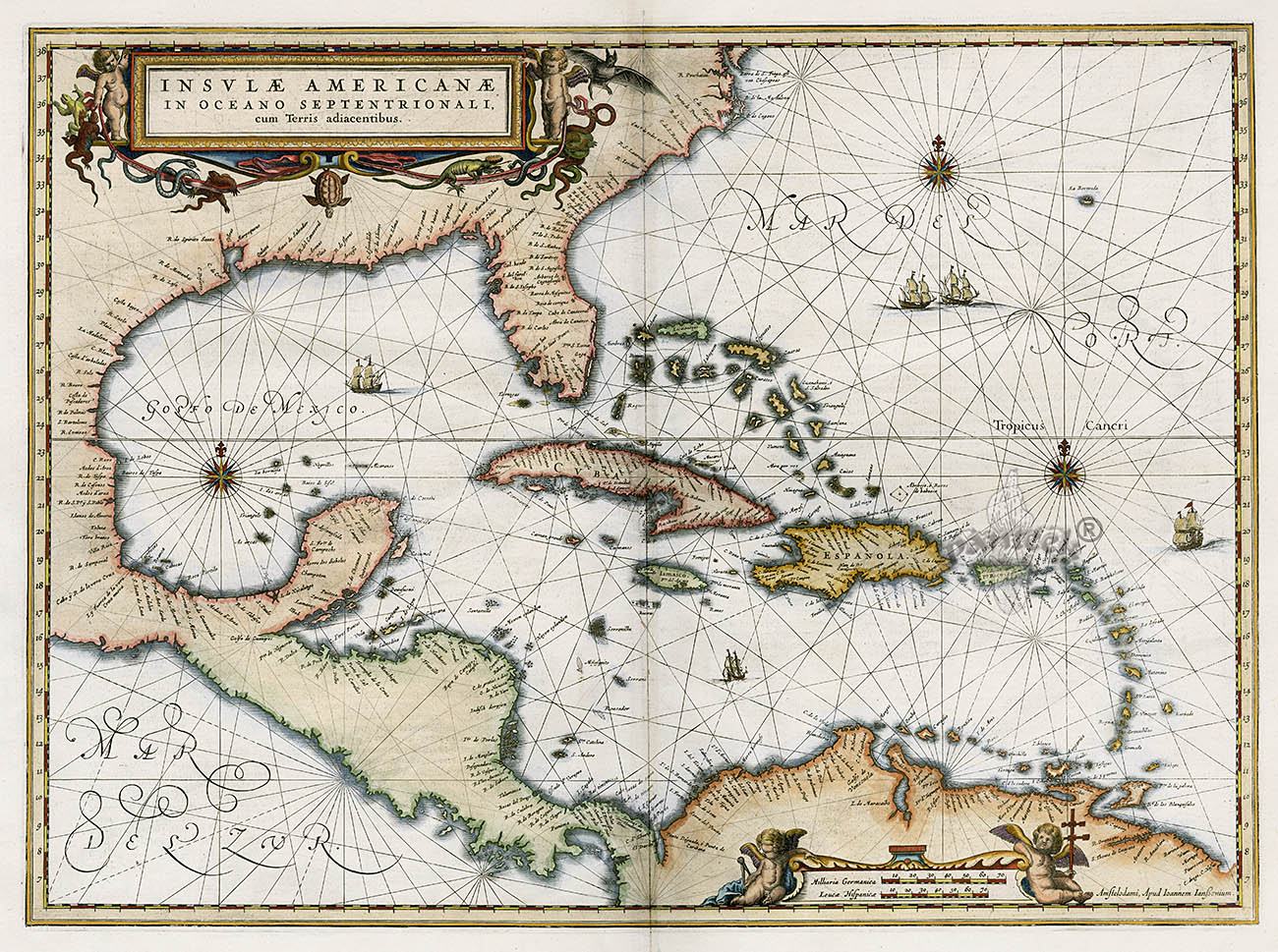 Map of Insulae Americanae in Oceano Septentrionali, C 1740 by Catographer Willem Janzoon Blaeu