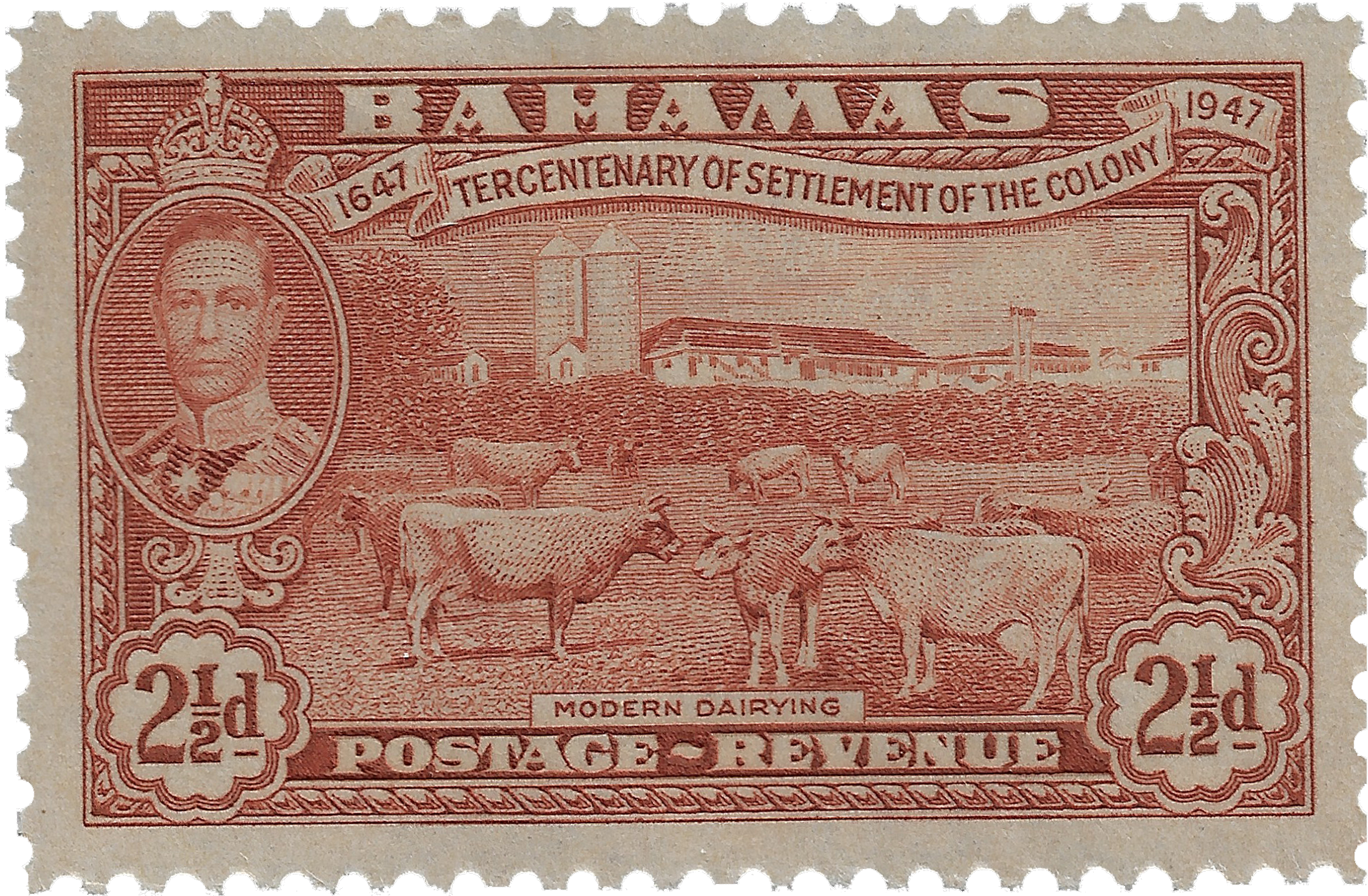 2.5d 1948, 1647 Tercentenary of Settlement of the Colony, Modern Dairying