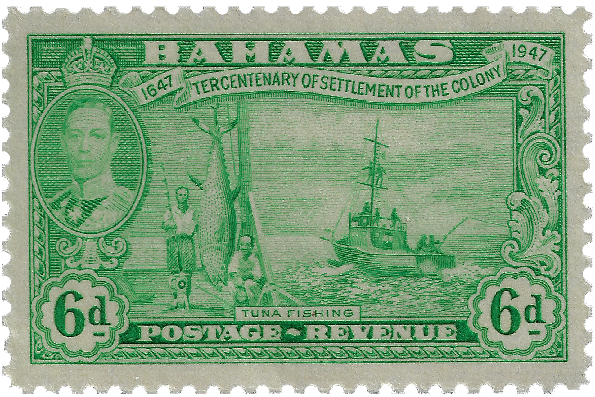 6d 1948, 1647 Tercentenary of Settlement of the Colony, Tuna Fishing