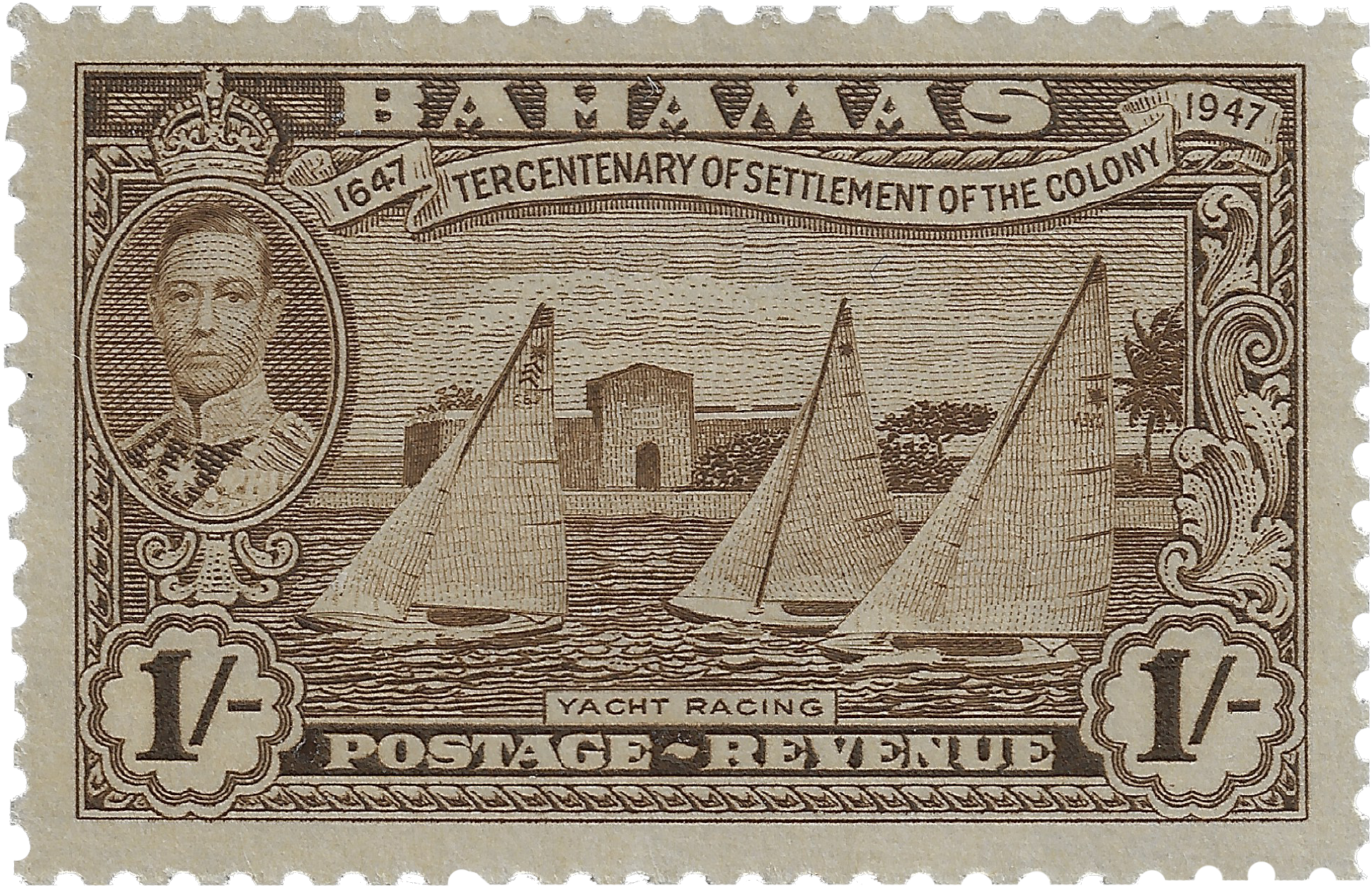 1s 1948, 1647 Tercentenary of Settlement of the Colony, Yacht Racing