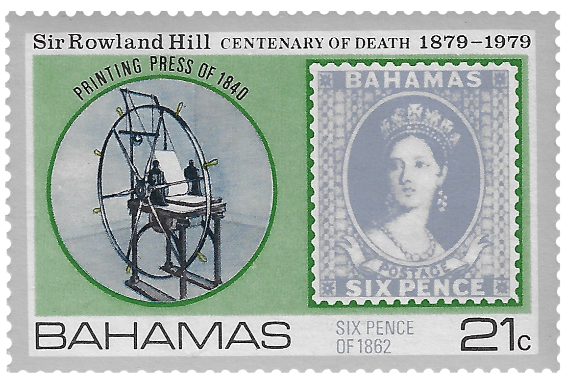 21c 1979, Sir Rowland Hill, Centenary of Death 1879-1979, Printing Press of 1840, Six Pence of 1862