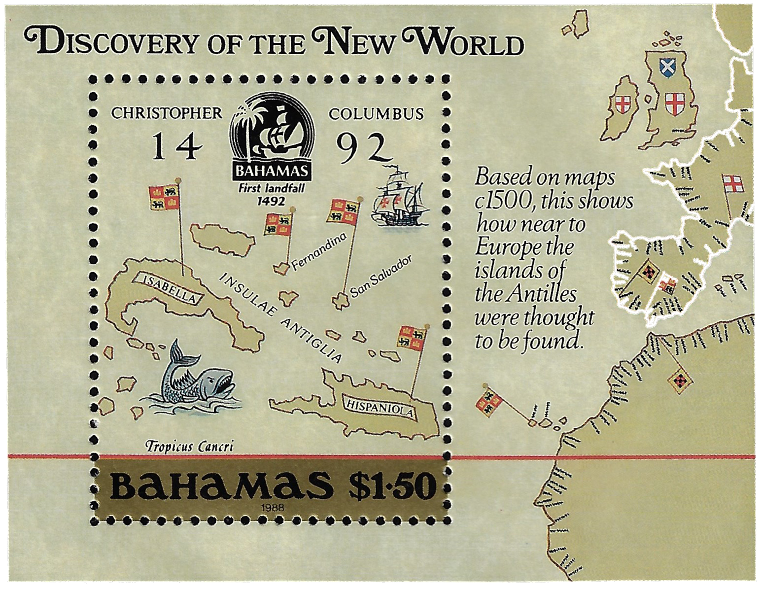 1.50d 1988, Discovery of the New World, First Landfall